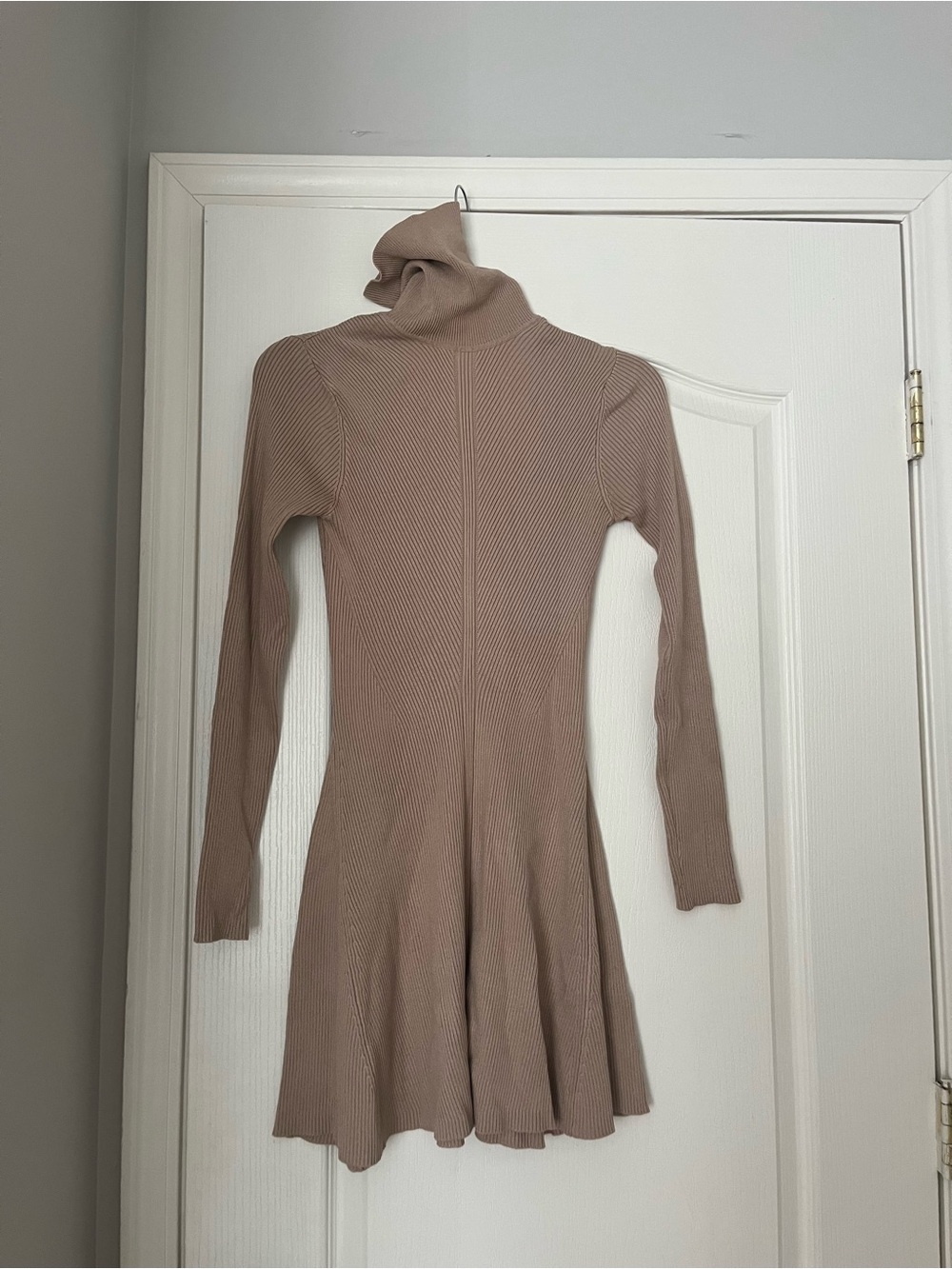 Zara Taupe Ribbed Turtleneck Long-Sleeve Fit-and-Flare Dress